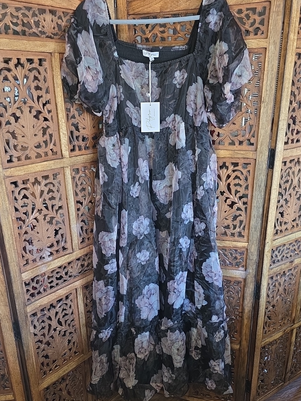 Polagram Black Maxi Dress with Soft Pink Floral Print